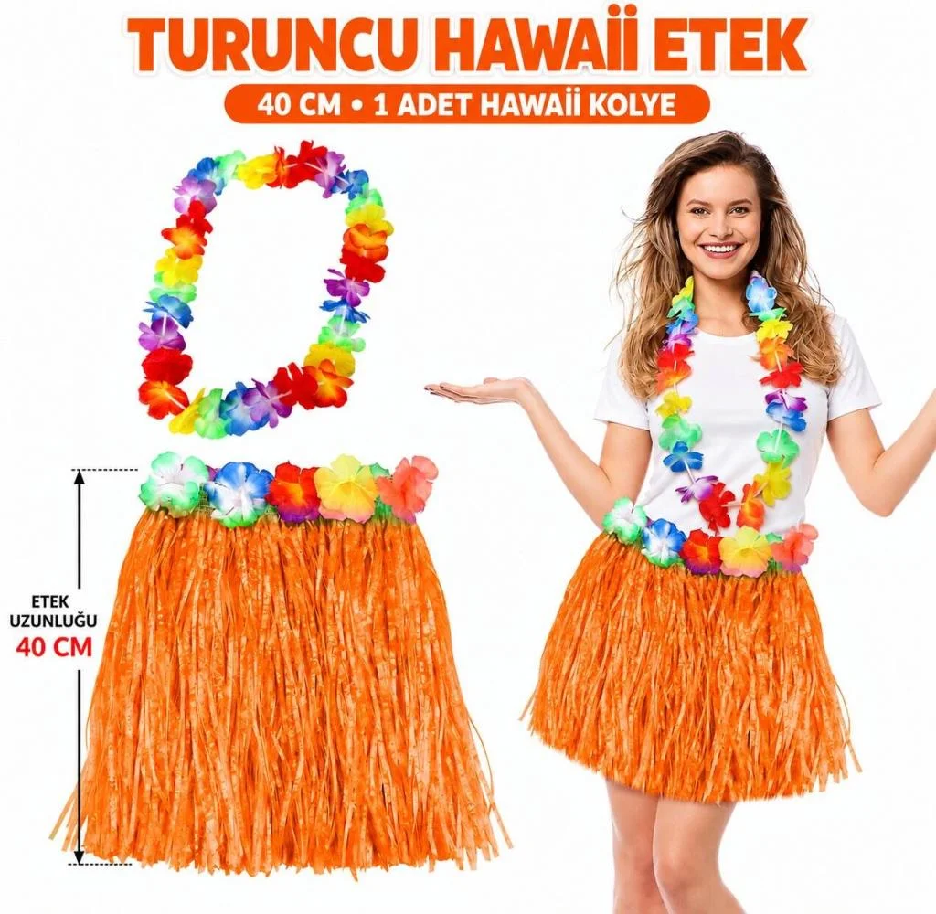 Hawaii Luau Aloha Turuncu Püsküllü 40 cm Etek ve Hawaii Kolye Seti
