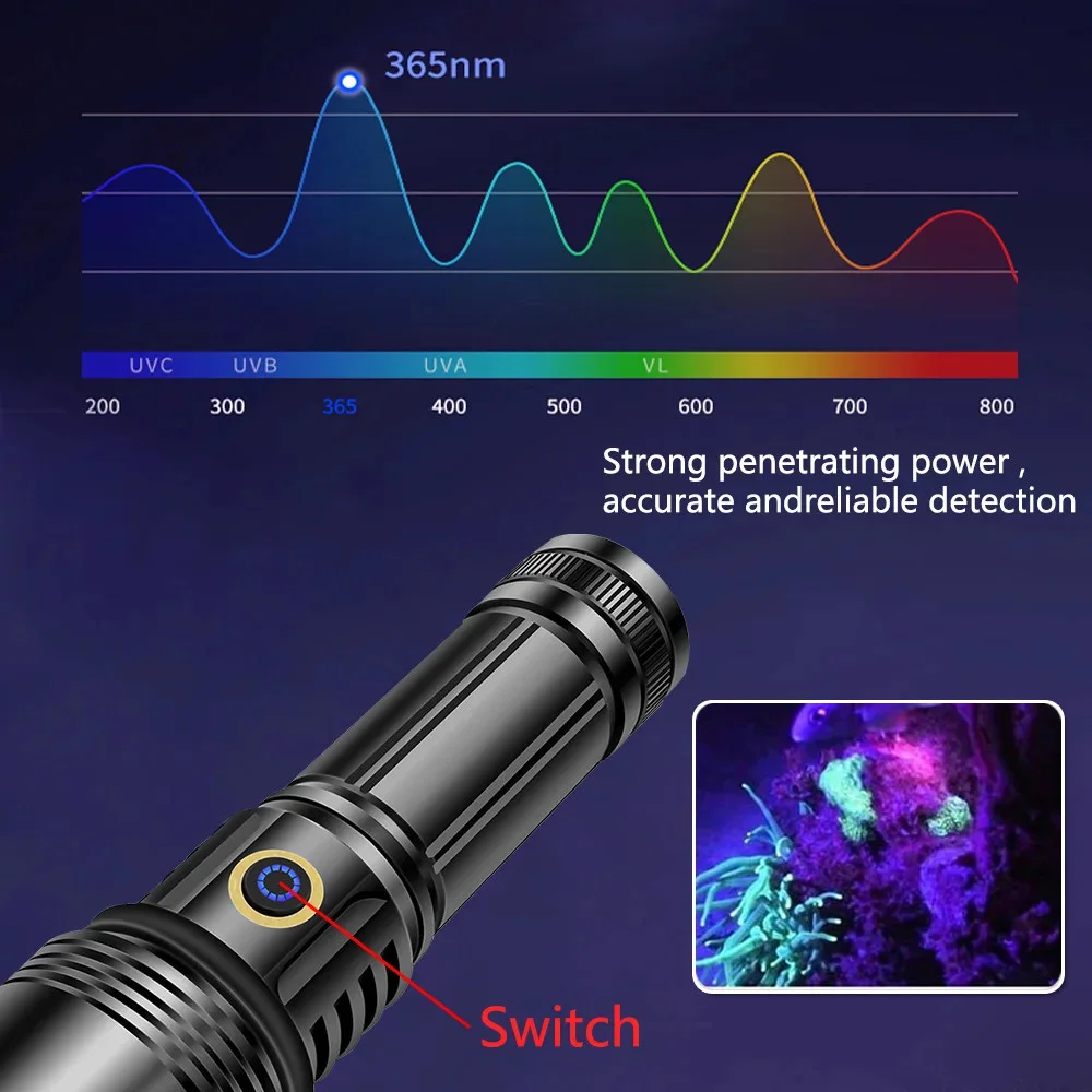 F-365 UV LED Mor Işıklı 20Watt Şarjlı 26650 Pilli Profesyonel El Feneri görsel 4