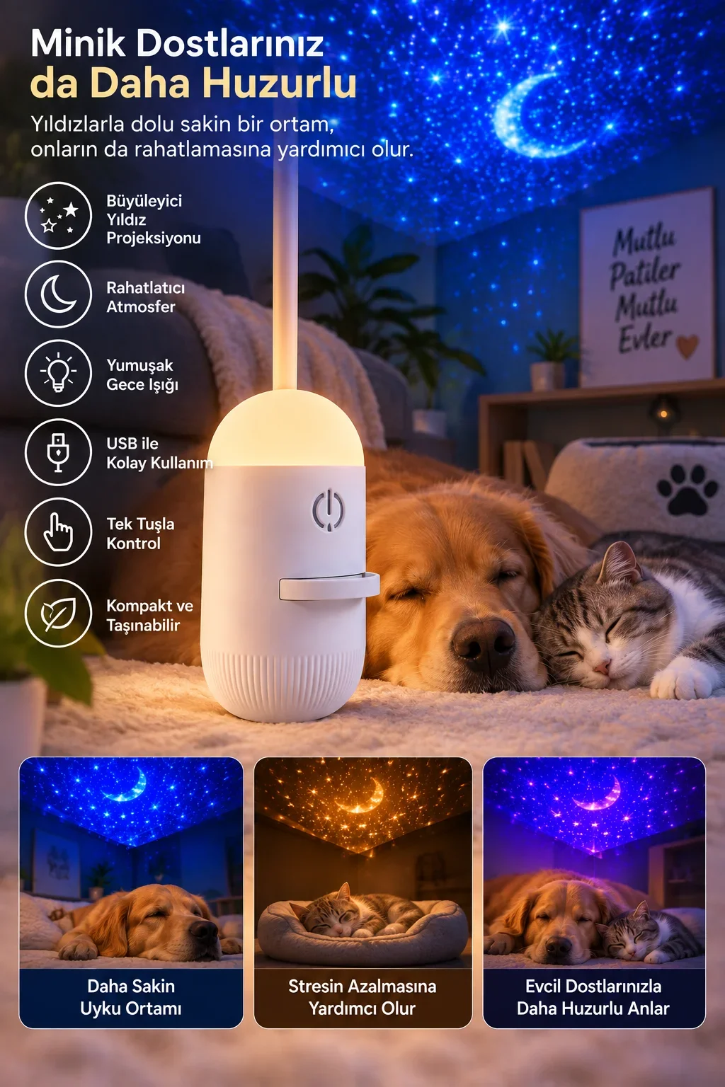Romantik Atmosfer İçin Ay Yıldız Projeksiyonlu Gece Lambası