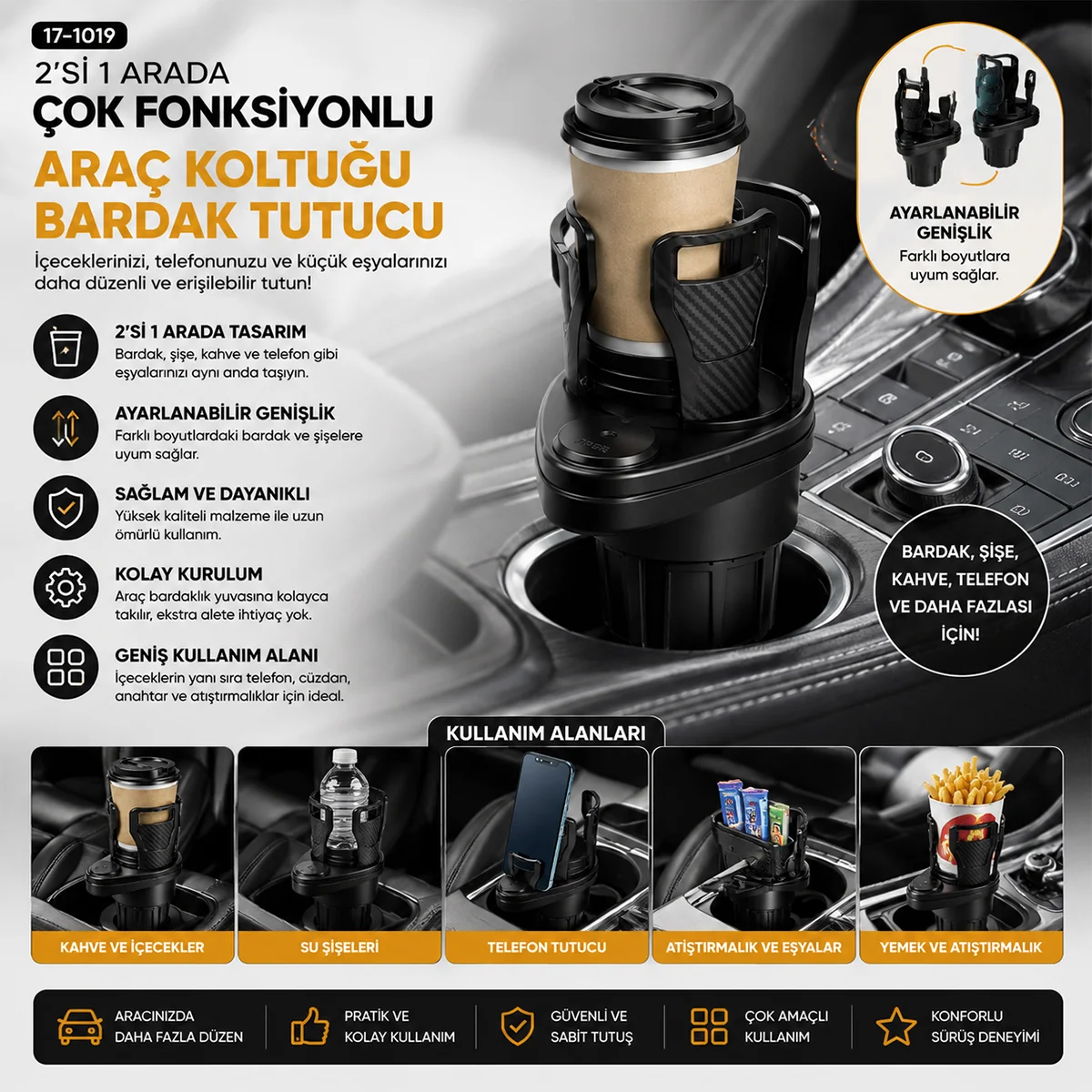Araç İçi Çok Fonksiyonlu Bardak Tutucu - 360° Döner, 2 Bölmeli görsel 3