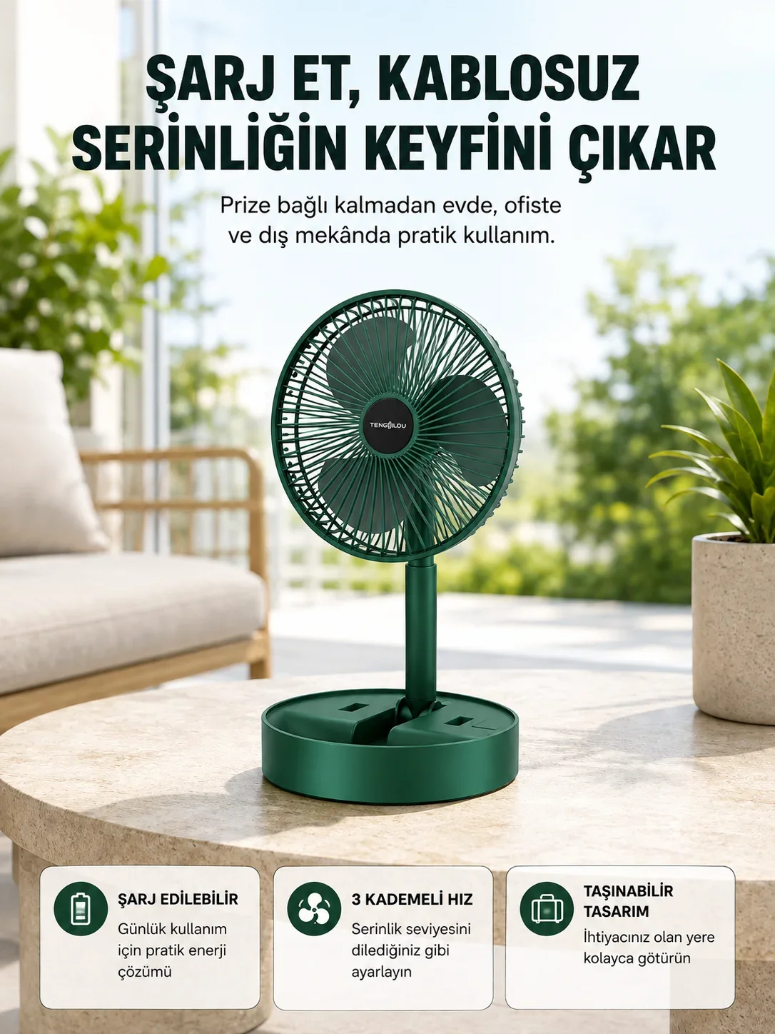 Katlanabilir Şarjlı ni Fan 3 Kademeli Hız Ayarlı Taşınabilir