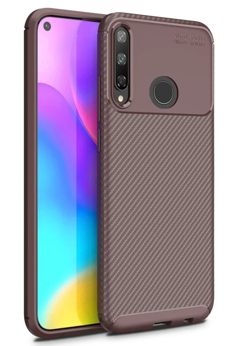 Huawei P40 Lite E Kılıf Auto Focus Karbon Kapak - Kahverengi