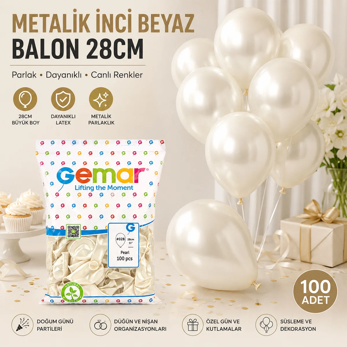 Metalik İnci Beyaz Balon 100'lü görsel 3
