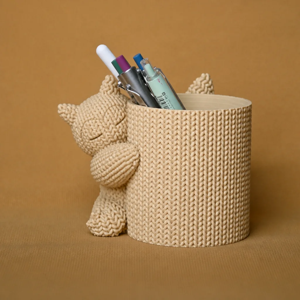 3D Baskı Knitted Kalemlik - Sevimli Karakterli Masaüstü Kalem Organizeri-Bej görsel 2