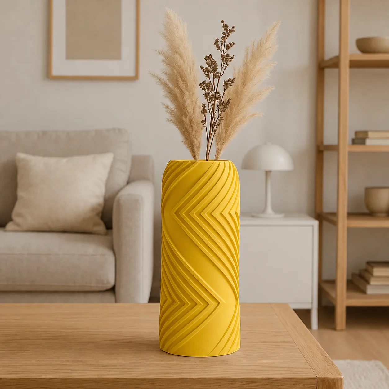 3D Baskı Vector Vazo - Geometrik Çizgili Dekoratif Vazo-Sarı