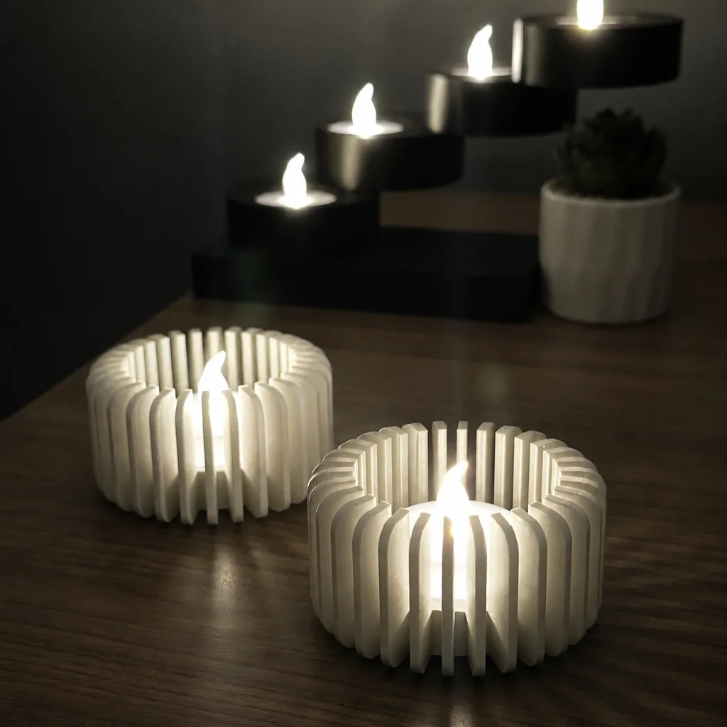 3D Baskı Modern Çizgili Mumluk - Tealight Mumluk (1 Adet)-Beyaz görsel 3