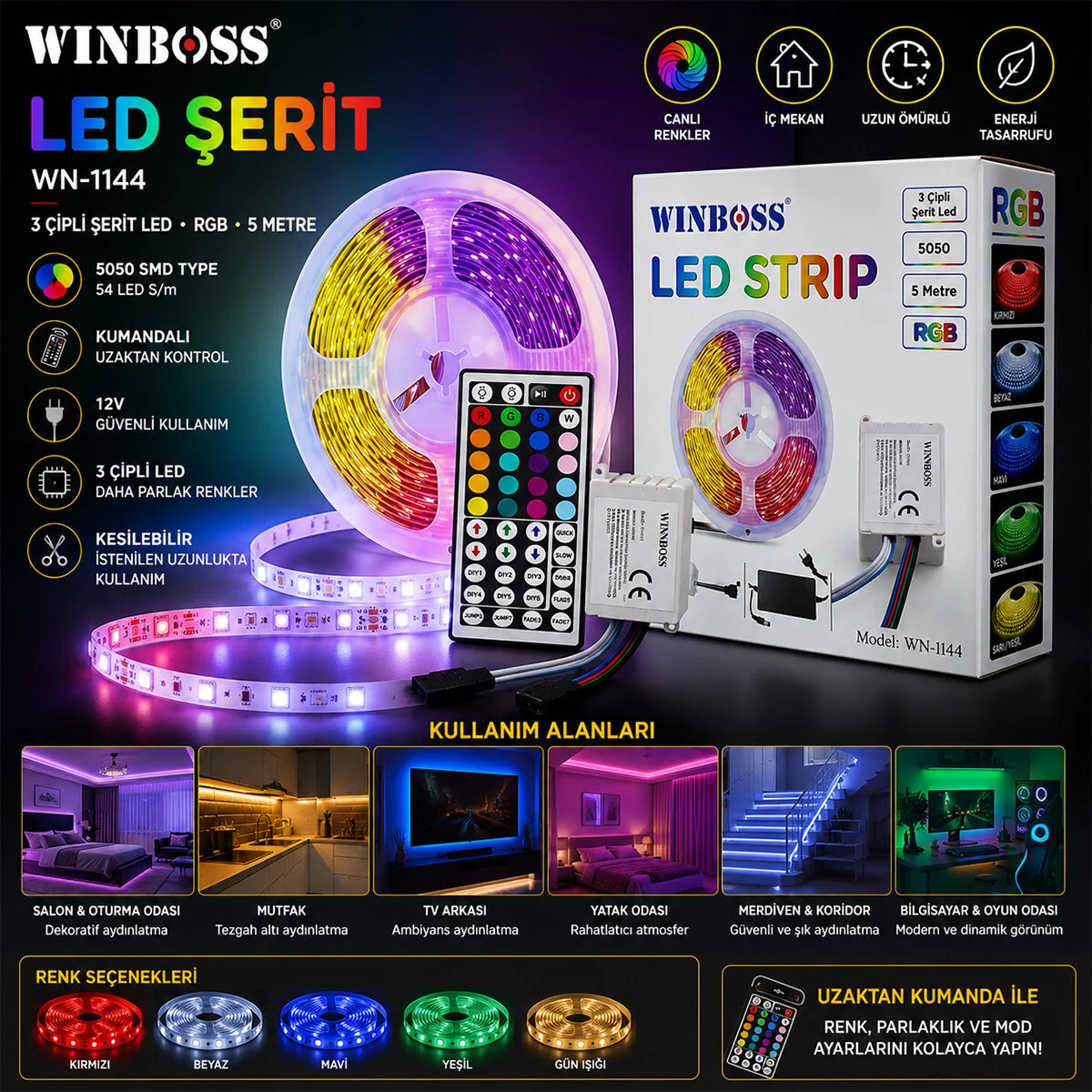 Rgb 3ÇİP Kumandalı Şerit Led 5MT görsel 2