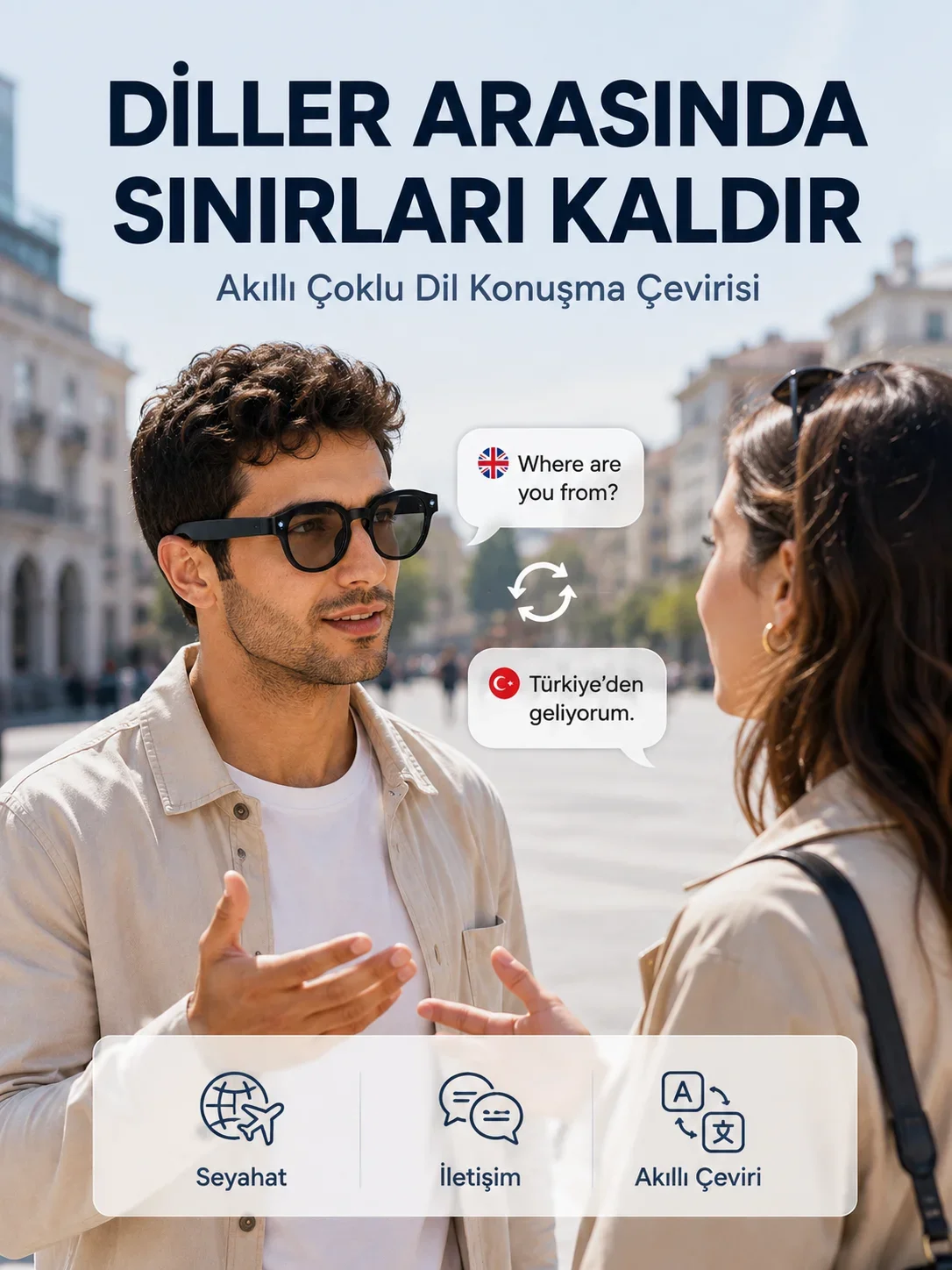 Siyah AI Akıllı Gözlük Fotoğraf Video Ses Kayıtlı Çoklu Dil Çeviri Bluetooth Bağlantılı 3 Lensli
