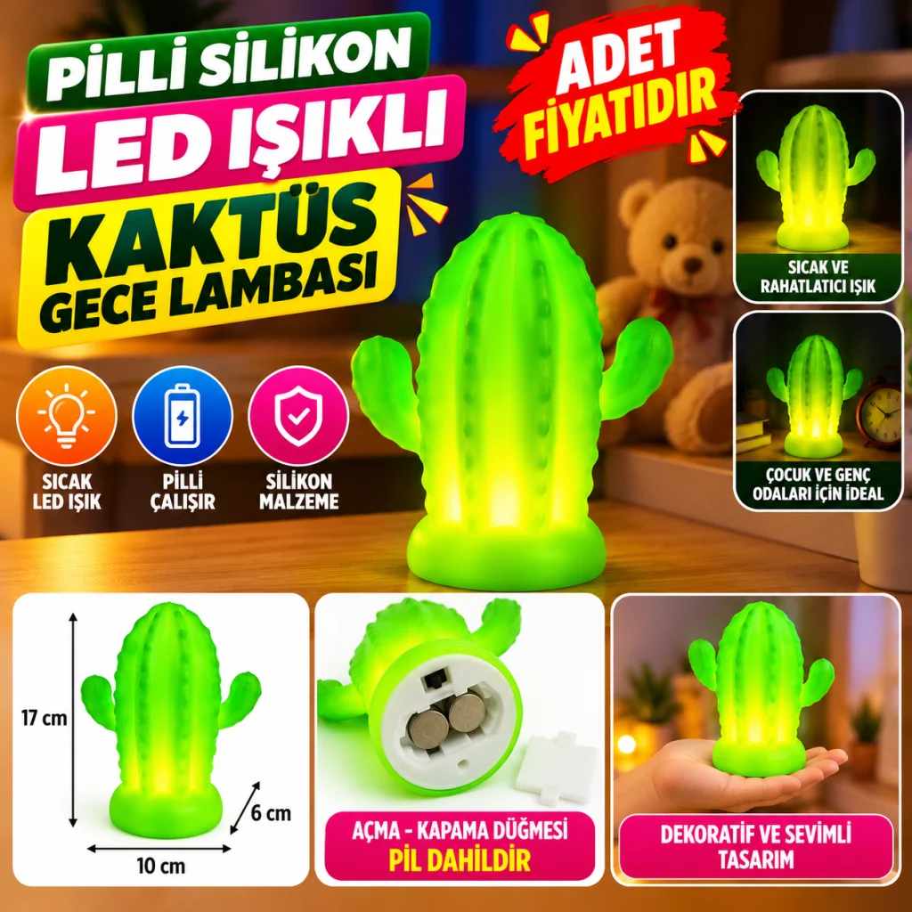 Pilli Silikon Led Işıklı Sevimli Kaktüs Gece Lambası Aydınlatması (adet fiyatıdır)