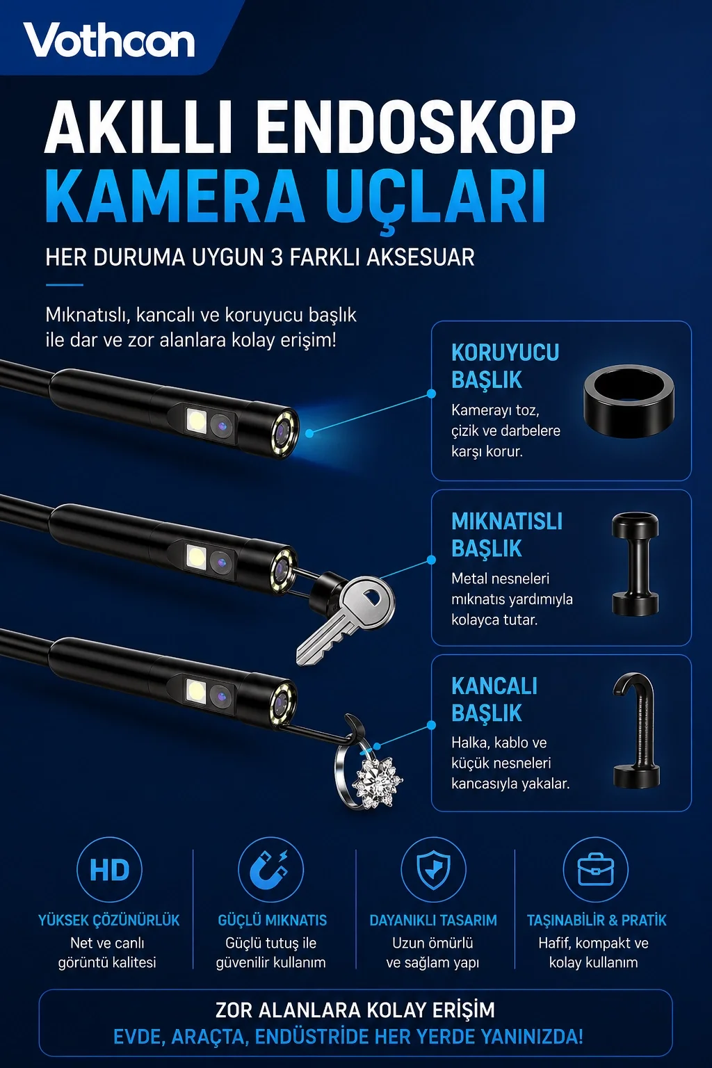 10 Metre Çift Kameralı iOS/Android Uyumlu Yılan Endoskop Kamera 8mm 2MP LED’li Sert Kablo görsel 5
