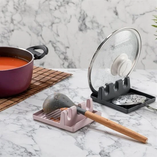 Tencere Kapak Tutuculu Kaşıklıklı Tencere Kapak Standı Pratik Kaşık Kepçe Altlık Düzenleyici görsel 2