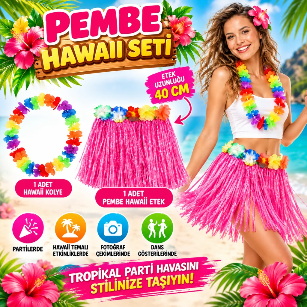 Hawaii Luau Aloha Pembe Püsküllü 40 cm Etek ve Hawaii Kolye Seti görsel 2