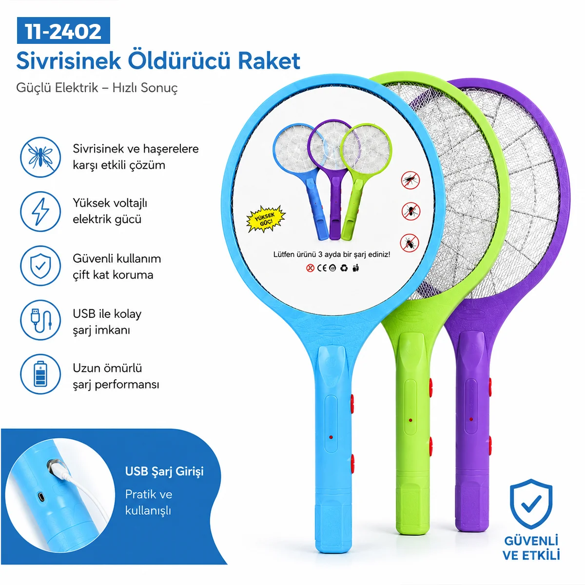 Elektronik Sinek Öldürücü Raket (Renkli) görsel 2