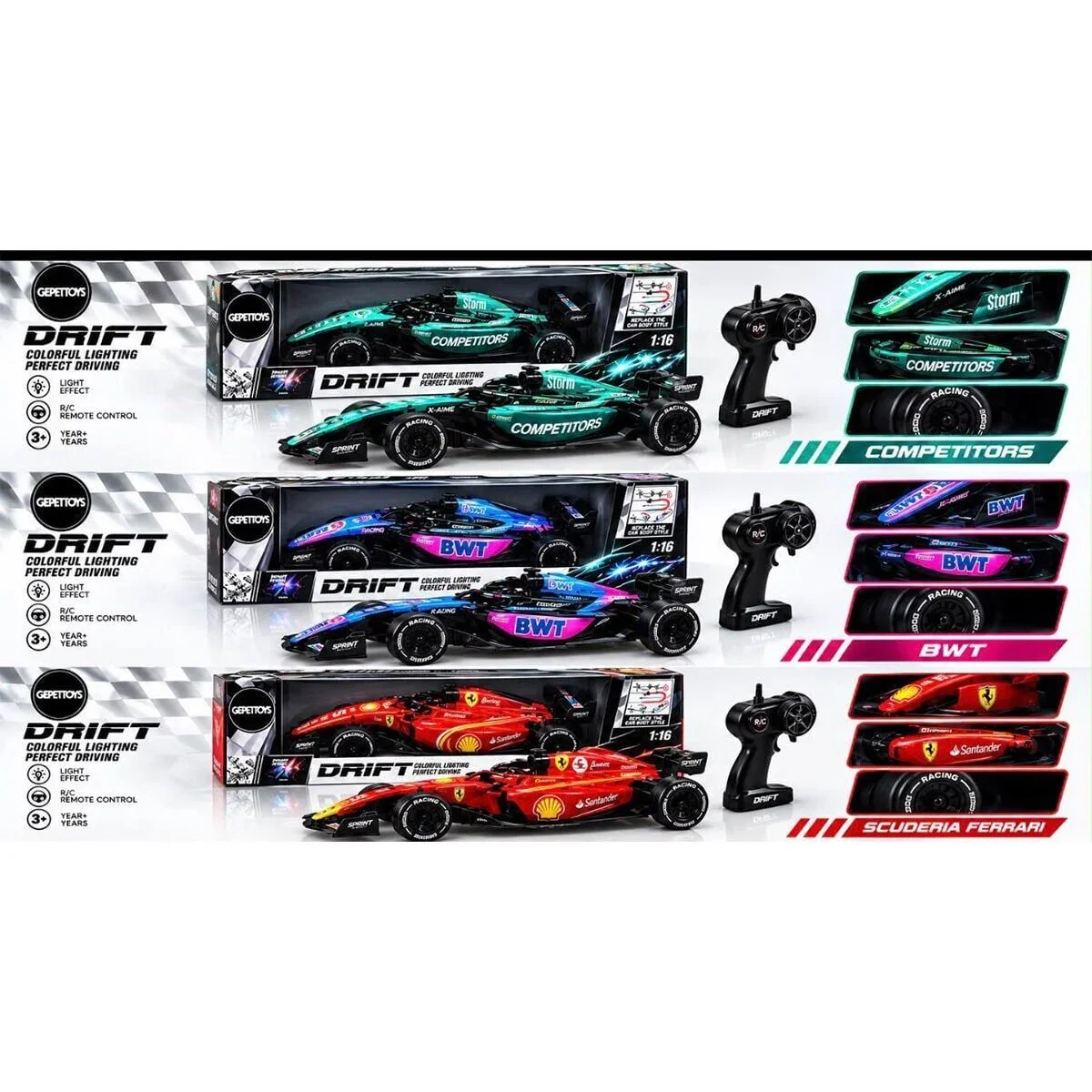 L2501-3 1 16 Led Işıklı 4 Adet Yedek Drift Tekerli 3 Model Karış Formula Aracı