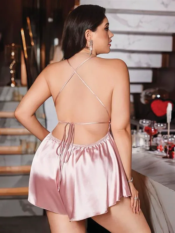 Büyük Beden Pudra Arkadan Bağlamalı Tulum Saten Babydoll Gecelik görsel 2