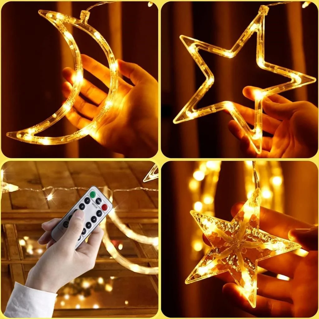 Ay ve Yıldız Figürlü Kumandalı 12 Sarkıtlı 120 LED Dekor Işık – Dekoratif Ortam ve Masaüstü Aydınlatması görsel 3