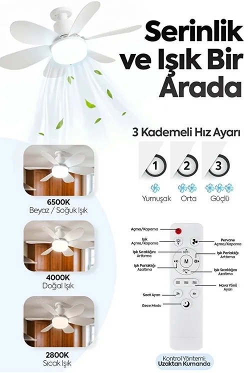 6 Kanatlı 3 Kademeli LED Aydınlatmalı Uzaktan Kumandalı Tavan Vantilatörü görsel 2