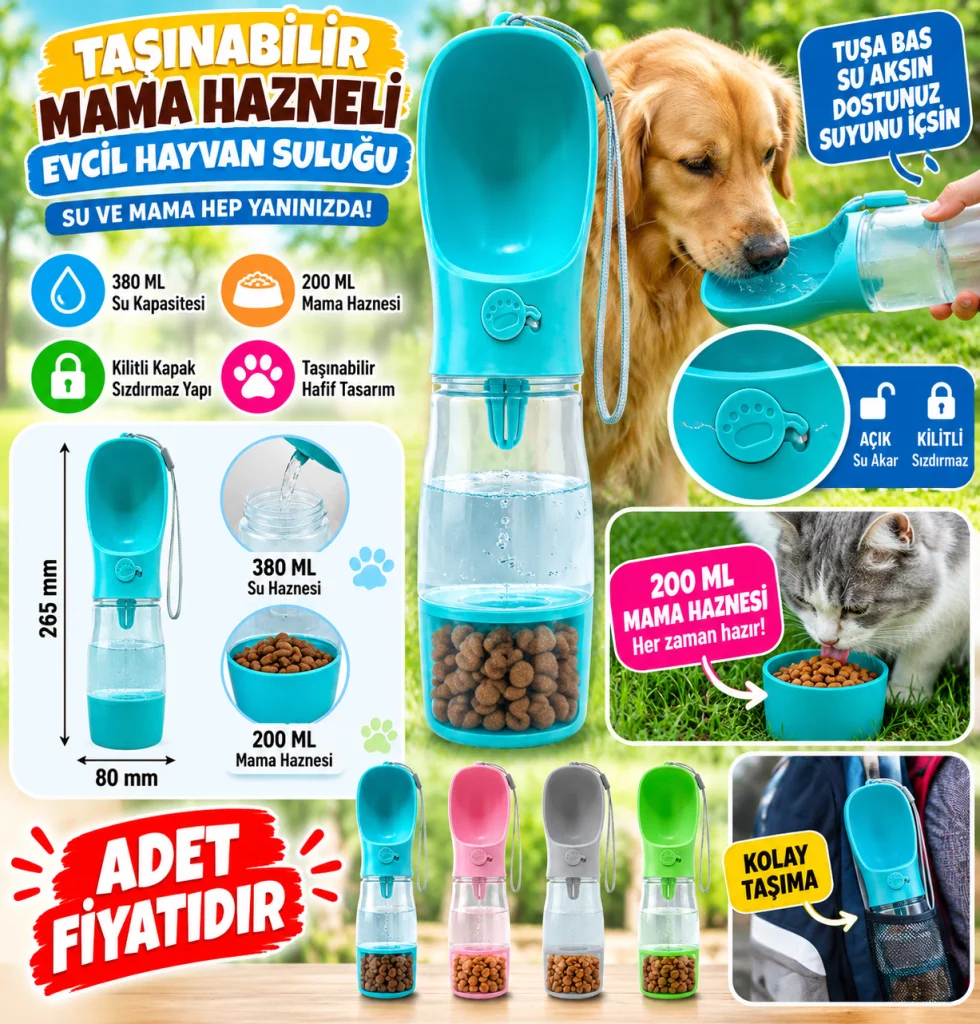 Taşınabilir Mama Hazneli Evcil Hayvan Suluğu Seyahat Kabı Kilitlenebilen Su Sızdırmaz 380ML (adet fiyatıdır)