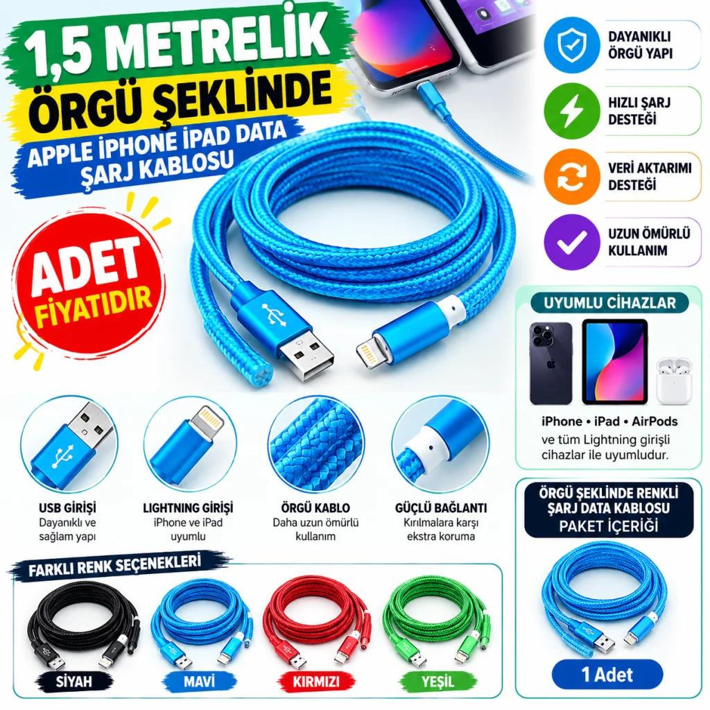 1,5 Metrelik Örgü Şeklinde Apple Iphone Ipad Data Şarj Kablosu - 1 Adet Stokta Olan Renk Gönderilir(adet fiyatıdır)