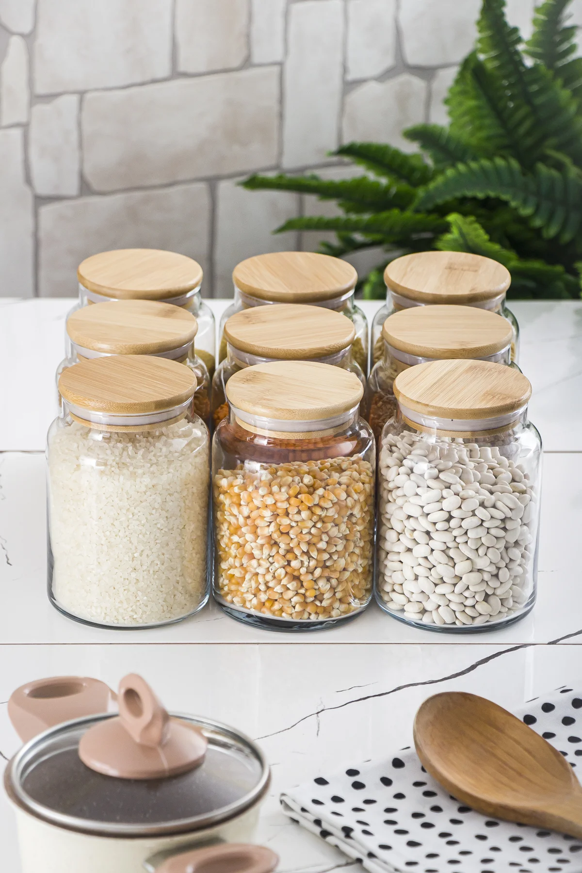 9 Lu Set Bambu Kapaklı Cam Kavanoz & Erzak Saklama Kabı 800 ml Orta Boy ( Vakum Kapak ) görsel 3