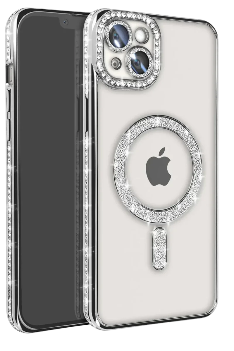 Apple iPhone 14 Kılıf Joke Simli Magneticsafe Kılıf - Gümüş
