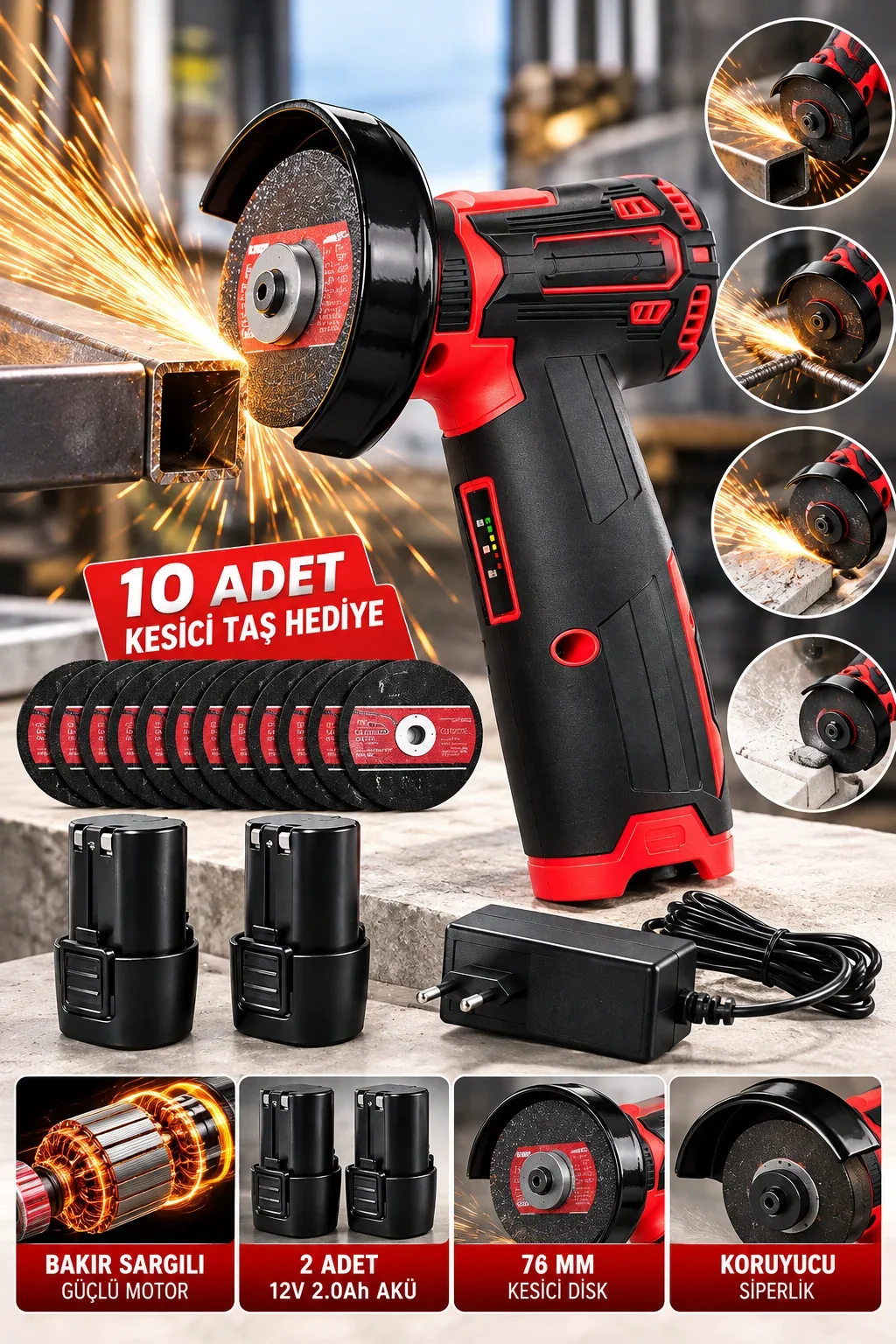 DFL70 12V Mini Şarjlı Taşlama 2 Adet 2.0Ah Li-Ion Akü 76 mm Kesici Disk 10 Adet Taş Hediyeli