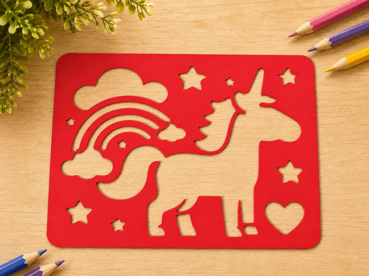 3D Baskı Unicorn ve Gökkuşağı Çizim Şablonu - Desen Kalıbı - Kırmızı