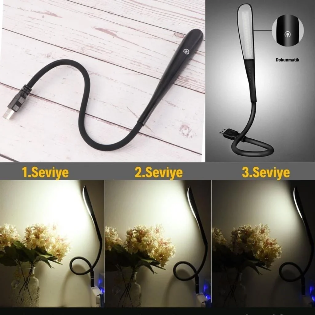 USB Girişli 14 Ledli 3 Kademeli Dokunmatik Masa/Kitap Okuma Lambası Ledi Siyah görsel 4