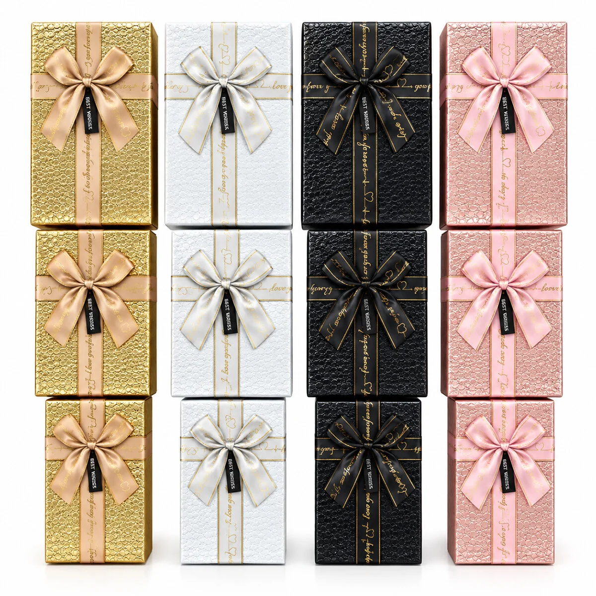 3PCS D.dörtgen Parlak Mix Renkli - Kabartma Desen Karton Hediye Kutusu Kurdelalı 22.5X15.5-20.5X13.5-18.5X11.5CM görsel 2