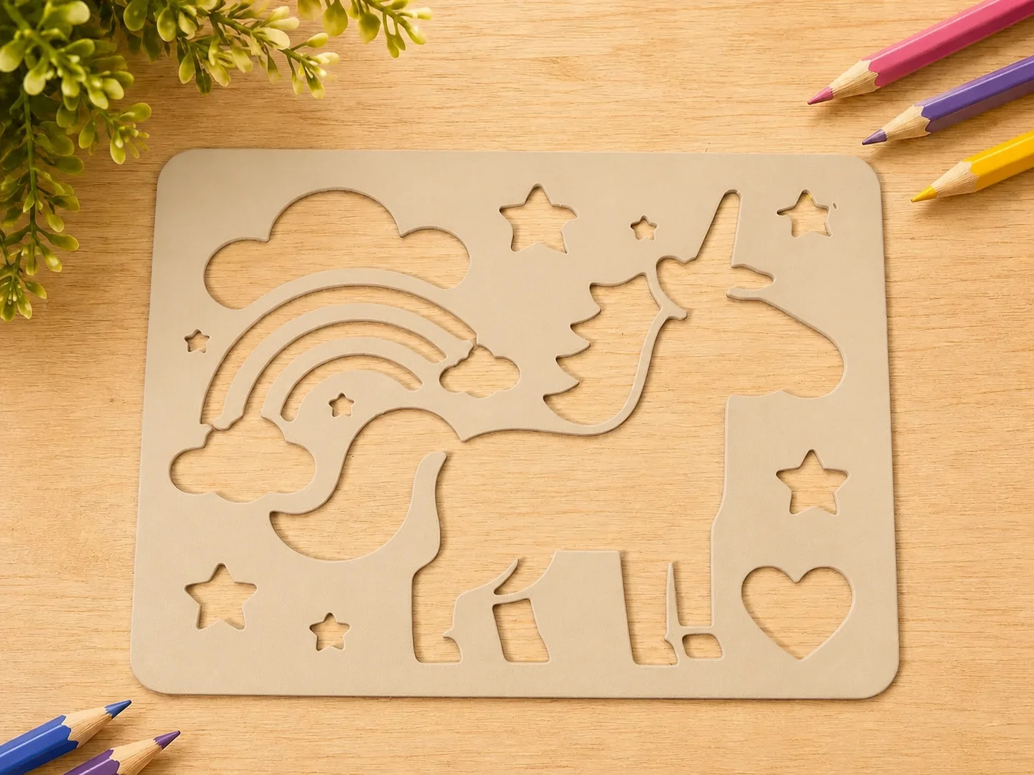 3D Baskı Unicorn ve Gökkuşağı Çizim Şablonu - Desen Kalıbı - Bej