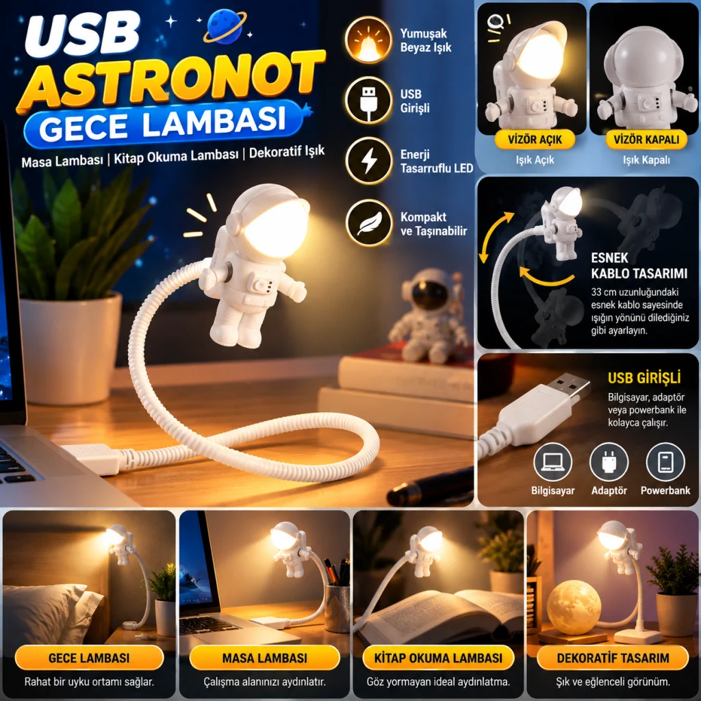USB Astronot Gece Lambası, Masa Lambası, Kitap Okuma Lambası Işığı