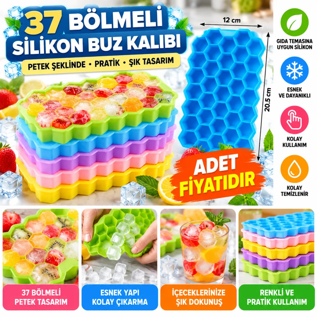 37 Bölmeli Slikon Petek Şeklinde Buz Kalıbı - Stokta Olan Renk Gönderilir (adet fiyatıdır)