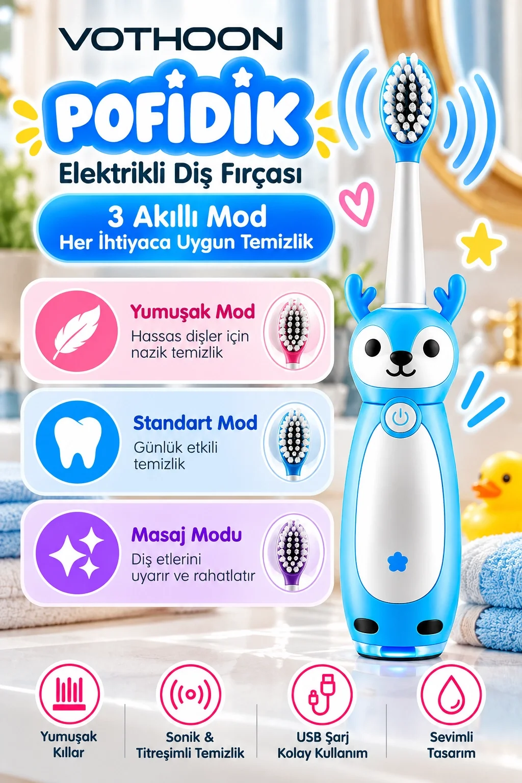 Pofidik Çocuklar İçin Şarjlı Elektrikli Diş Fırçası 3 Modlu Titreşimli Şarjlı Yedek Başlık Hediyeli Mavi görsel 2