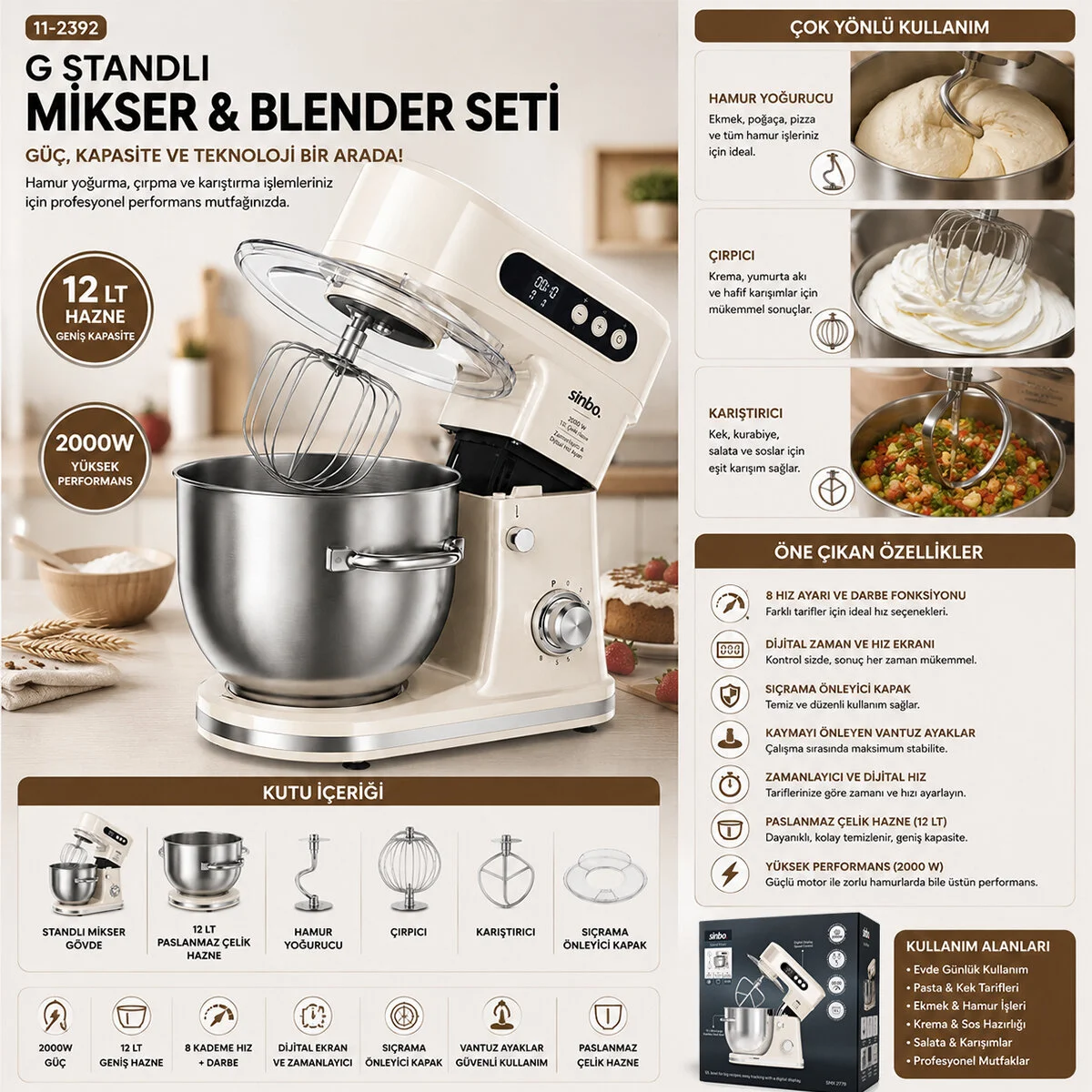 Standlı kser - Blender Seti Hamur Yoğurucu - Çırpıcı - Karıştırıcı 8KADEM. Hız Ayar 12LT Hazne 2000W SMX-2779 görsel 2