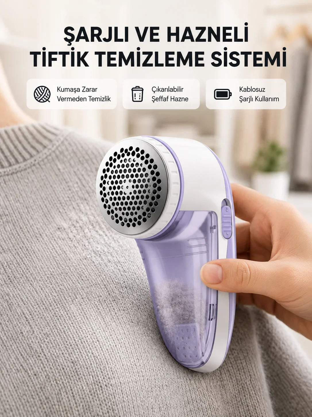 Şarjlı Tiftik Tezleyici – Çıkarılabilir Hazneli, Anti-Statik Fırçalı, USB Şarjlı