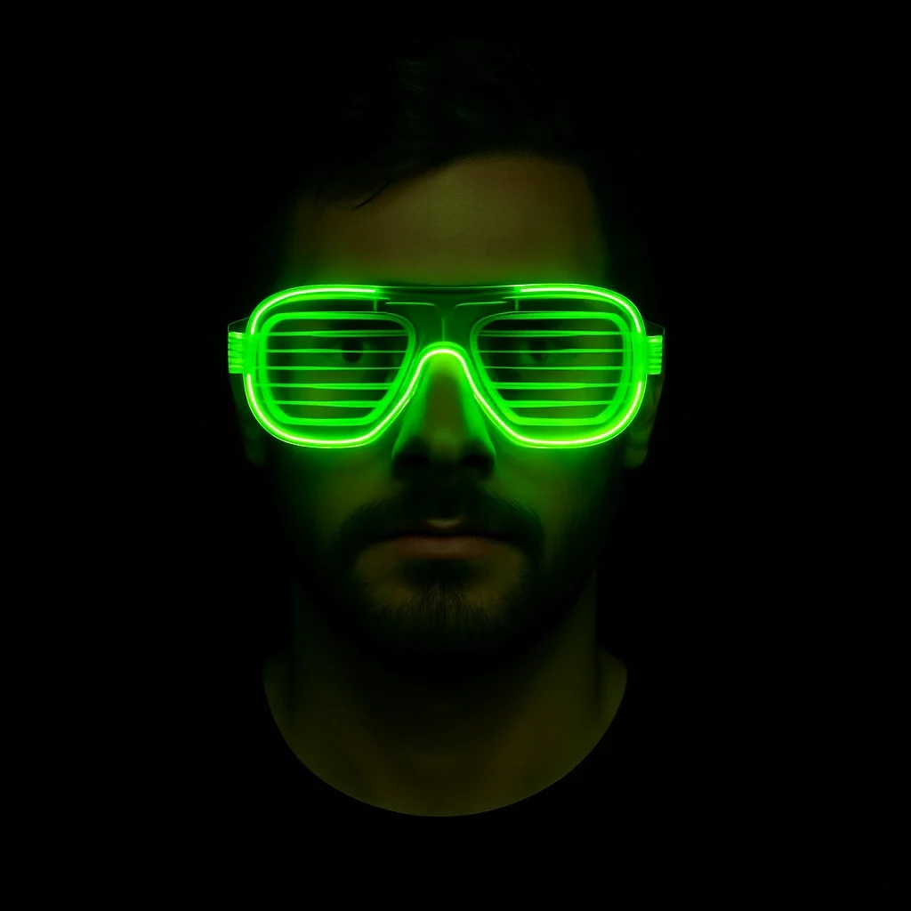 Yeşil LED Işıklı Parti Gözlüğü – Neon Glow Şerit Gözlük 3 Modlu görsel 2