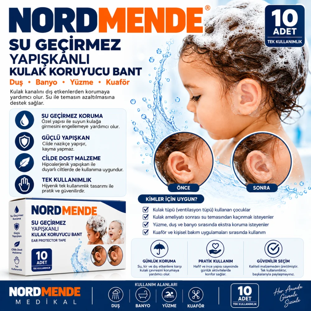 NORDMENDE Su Geçirmez Yapışkanlı Kulak Koruyucu Bant 10 Adet