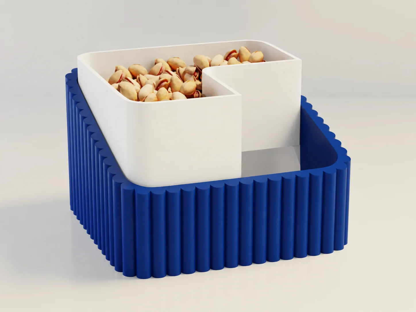 3D Baskı Fıstık Kasesi - Çift Hazneli Kabuk Ayırıcı Sunum Kasesi - Mavi Beyaz