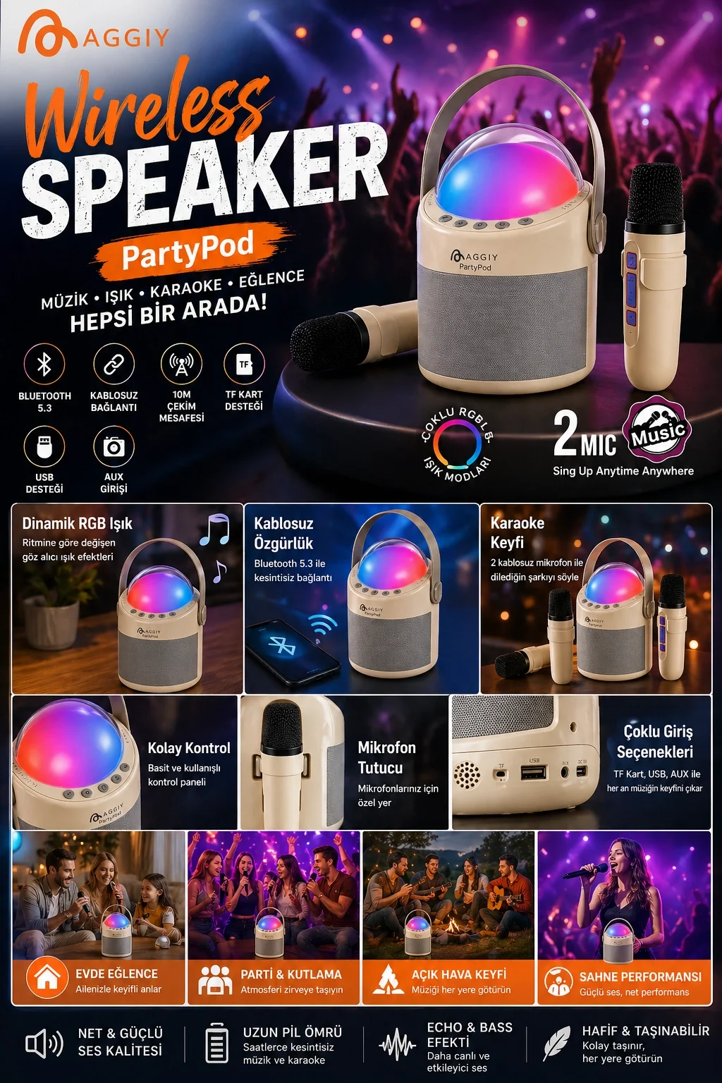 PartyPod Bluetooth 5.3 Destekli Çok Fonksiyonlu Kablosuz Mikrofon Ve Hoparlör görsel 2