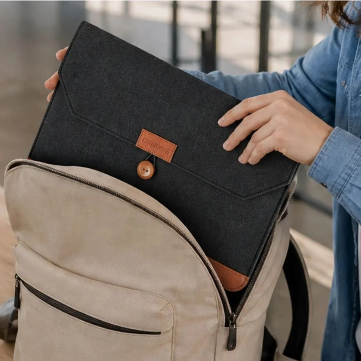 15.6 İnç Düğmeli Keçe Laptop ve Evrak Çantası, Notebook Bilgisayar ve Dosya Taşıma Çantası görsel 4