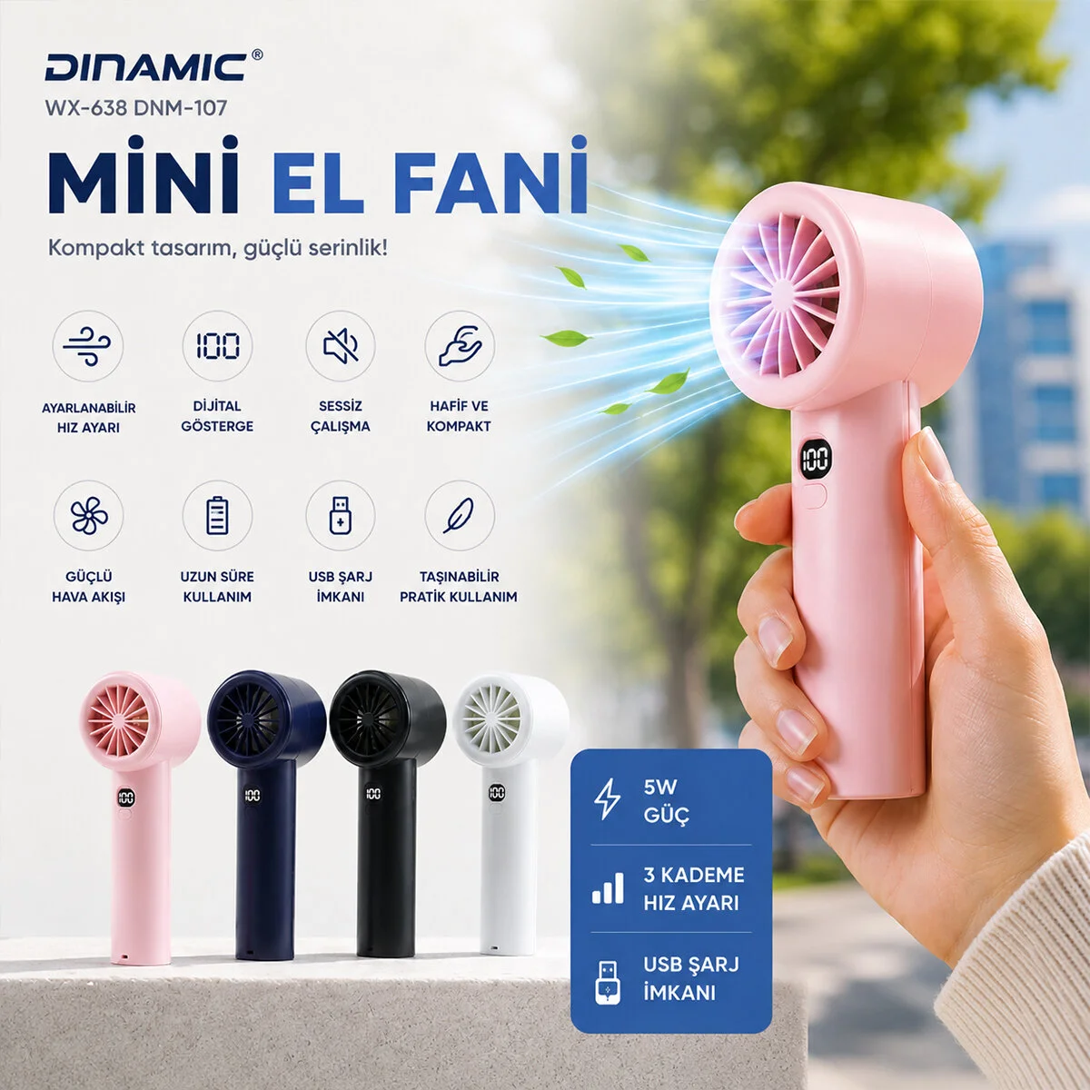 ni El Fanı Renki Ayarlanabilir Hız Ayarı Dijital Gösterge Fan - Vantilatör 5W WX-638 Herhangi Bir Renk Gönderilir görsel 4