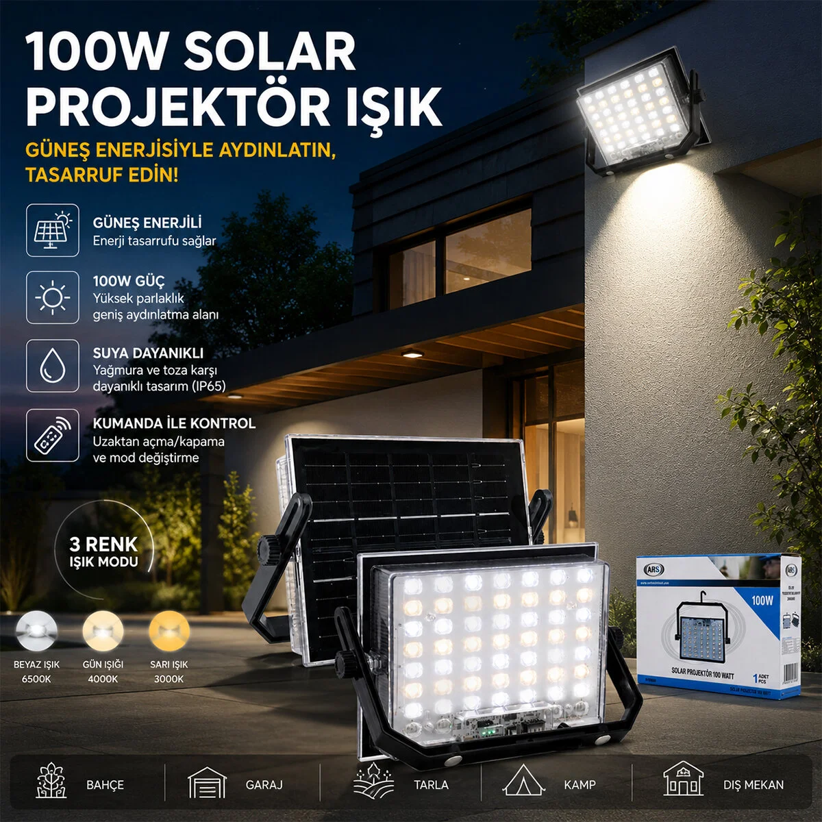 100W Güneş Enerjili Led Işık Solar Projektör - Fener Kamp - Dış Mekan 3 Farklı Led Işık 348960 Lmb görsel 2