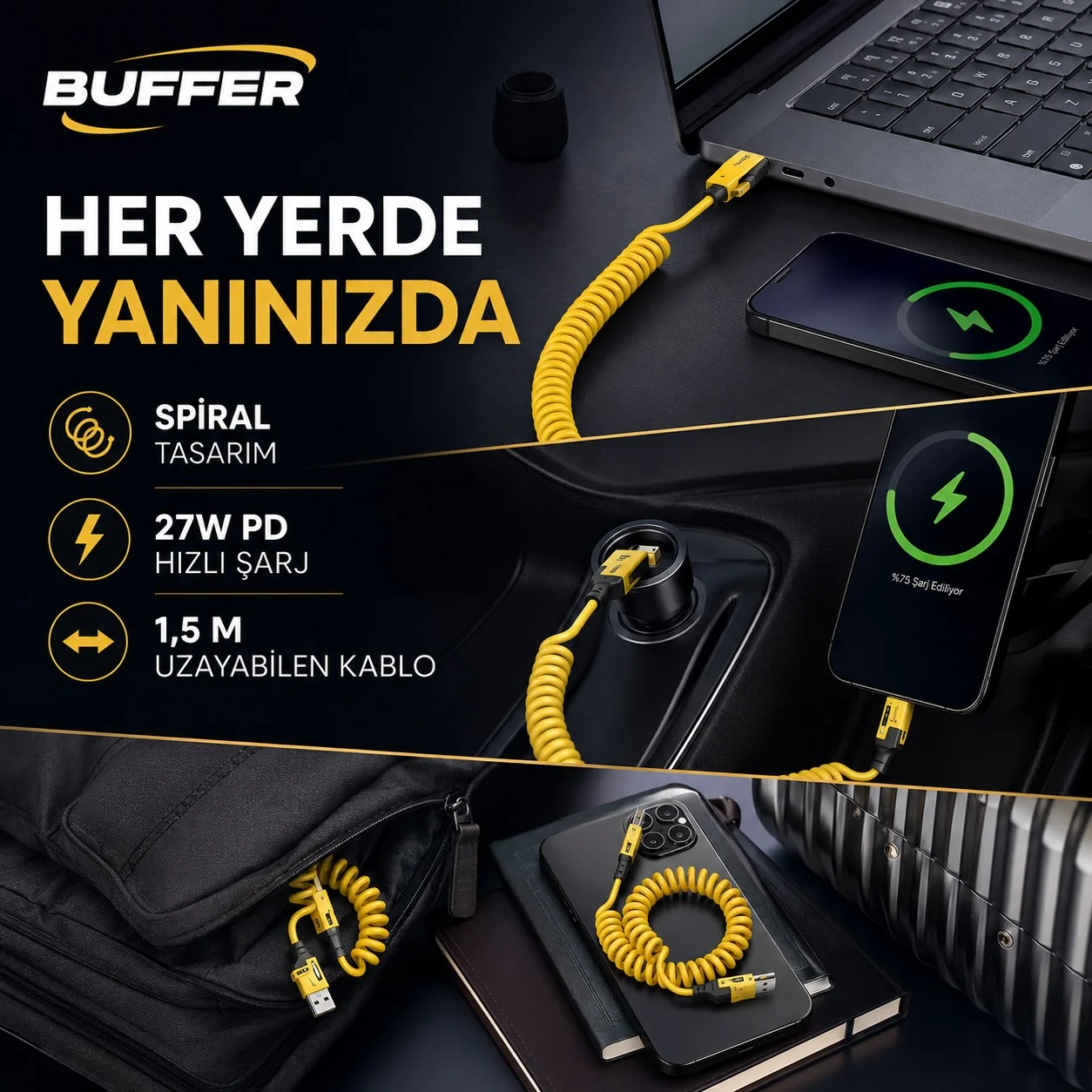 4'ü 1 Arada Esnek Spiral Hızlı Şarj Kablosu, Araç İçi Yaylı Kablo, Type-C ve Lightning Uyumlu Çoklu Şarj Kablosu görsel 4