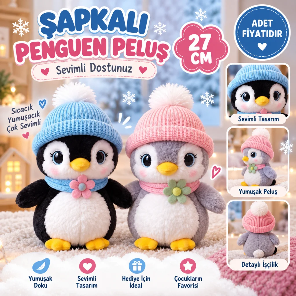 10028 Şapkalı Penguen Peluş 27CM görsel 2