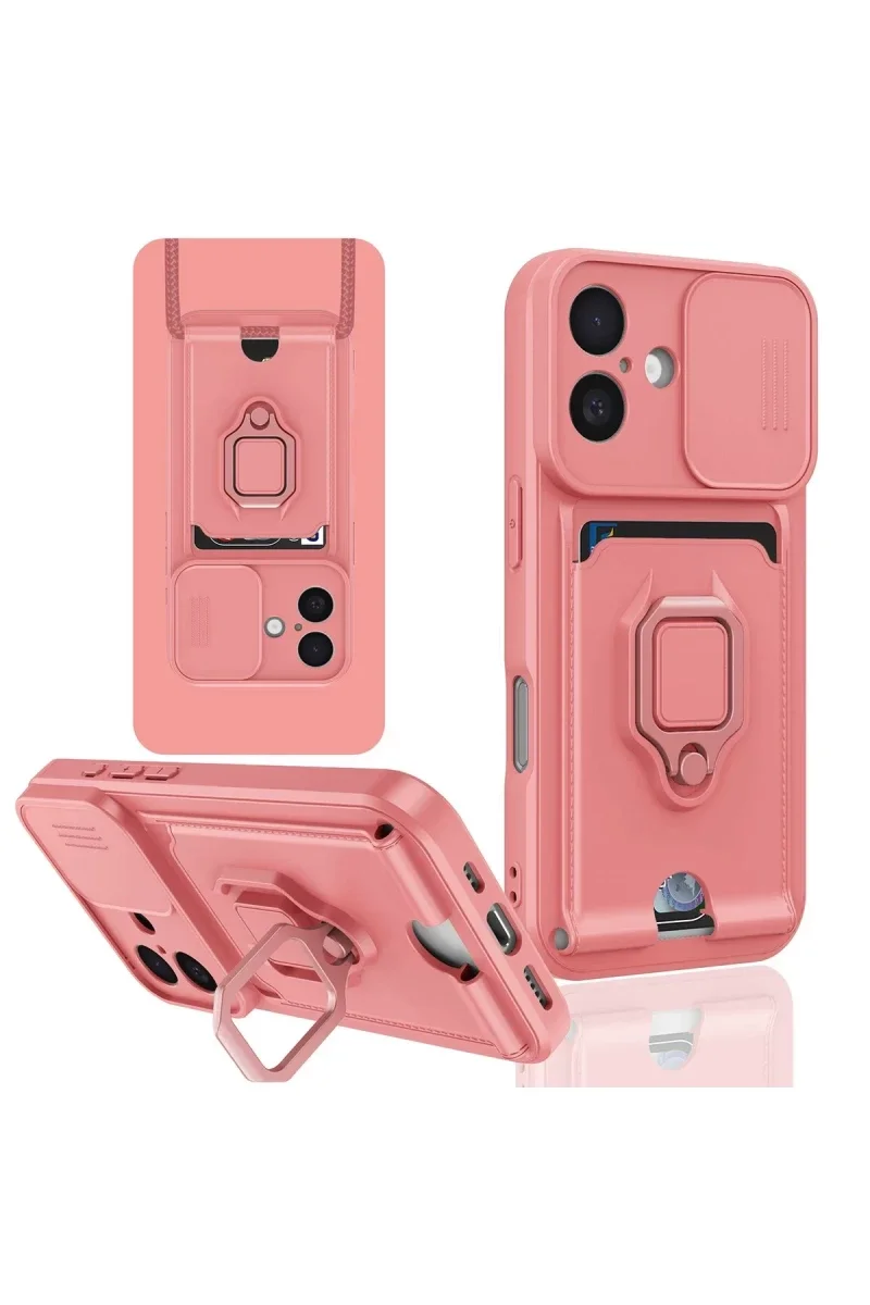 Apple iPhone 16 Kılıf Zuma Kartvizitli Yüzüklü Silikon - Pembe
