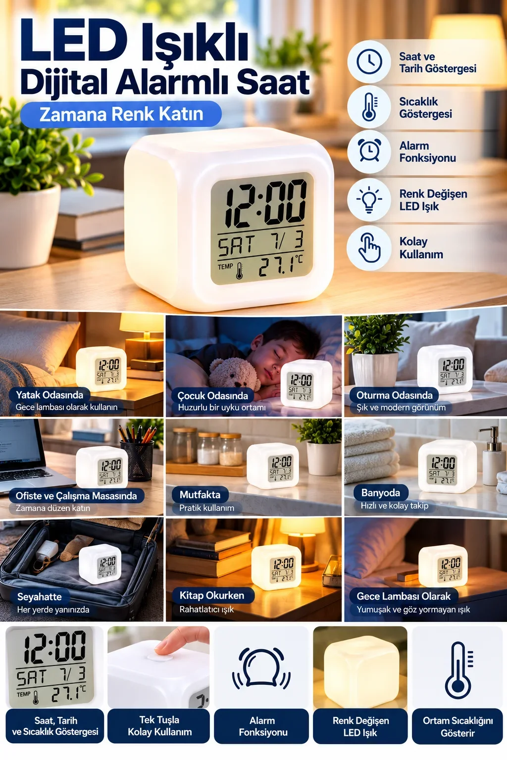 Modern Tasarımlı Küp Saat LED Aydınlatmalı Dijital Alarm Saati görsel 4