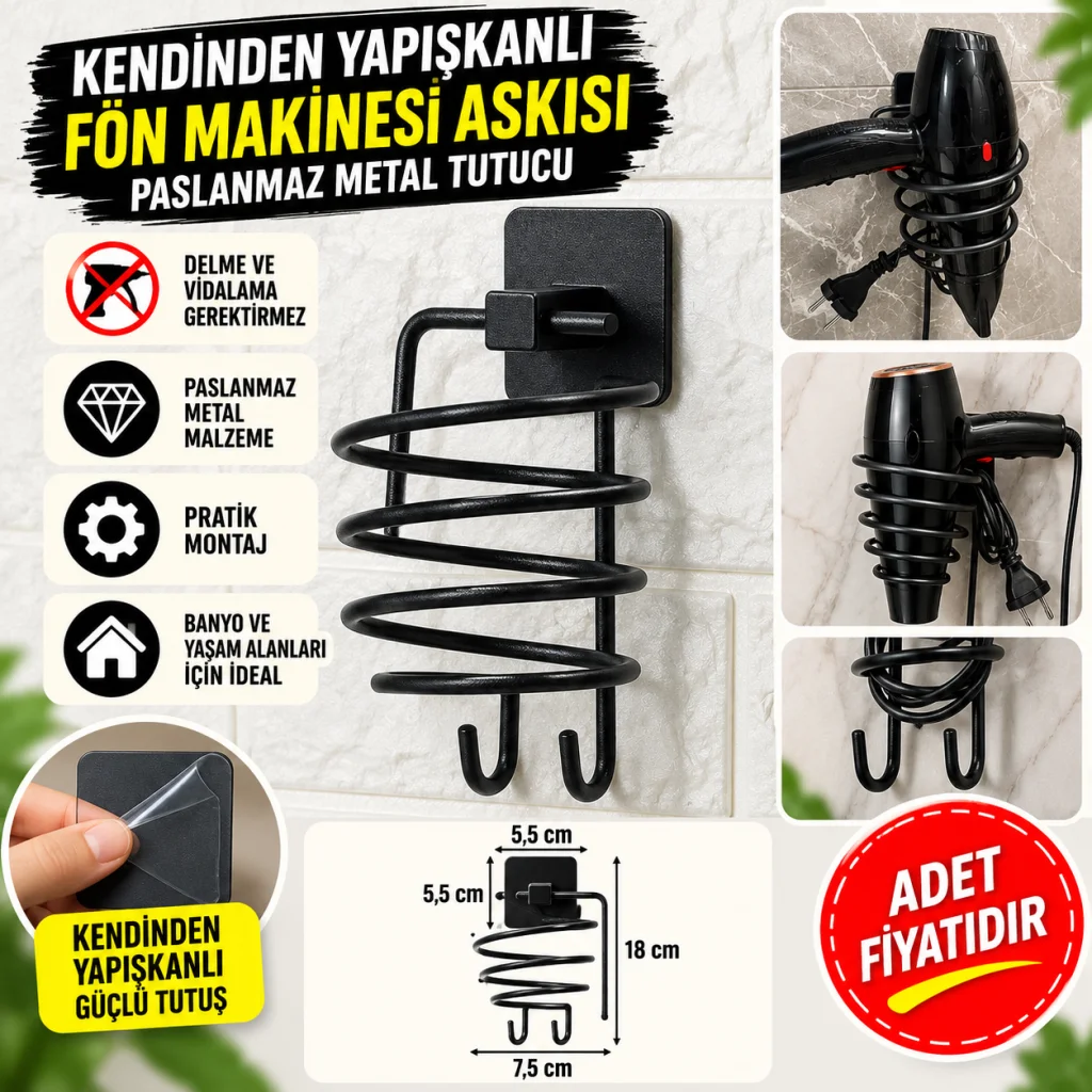 Kendiliğinden Yapışkanlı Siyah Paslanmaz Metal Fön Makinesi Askısı Saç Kurutma Makinesi Tutacağı (adet fiyatıdır)