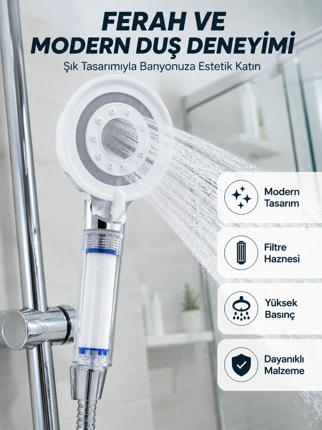 neral Taşlı Filtreli Duş Başlığı Güçlü Su Basınçlı Banyo Başlığı
