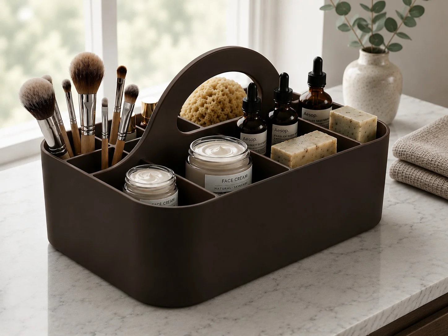 3D Baskı Çok Bölmeli Taşınabilir Banyo ve Makyaj Organizeri - Saplı Masaüstü Düzenleyici-Kahverengi