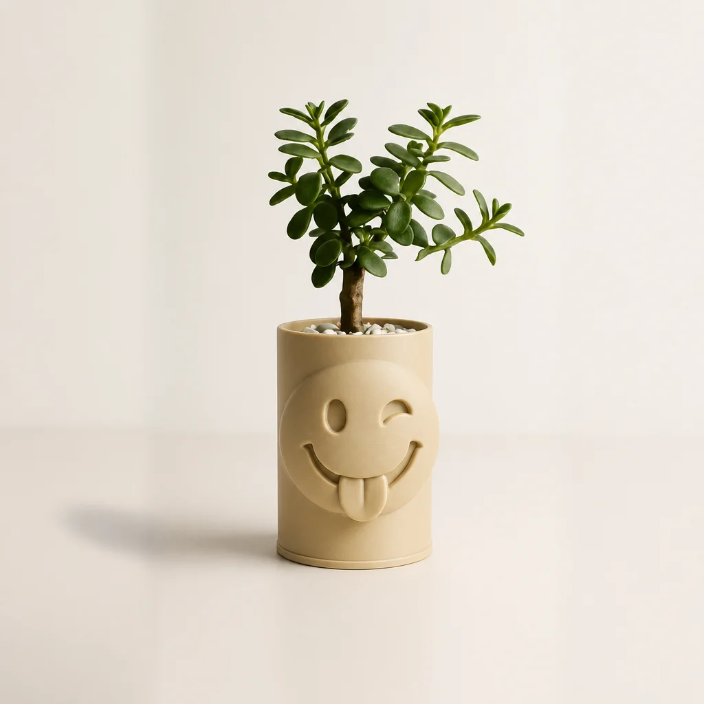 3D Baskı Emoji Planter - Göz Kırpan Yüzlü Sukulent Saksısı-Bej